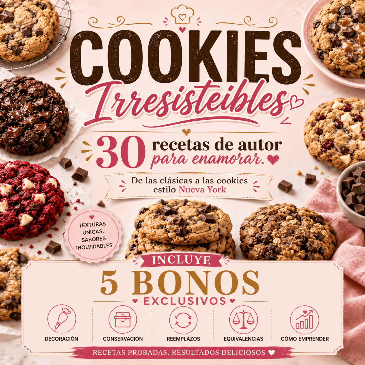 Portada del ebook Cookies Irresistibles con 30 recetas de cookies gourmet y estilo Nueva York