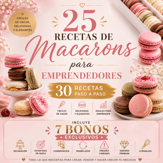 Portada del ebook 25 Recetas de Macarons para Emprendedores, recetario digital de repostería francesa