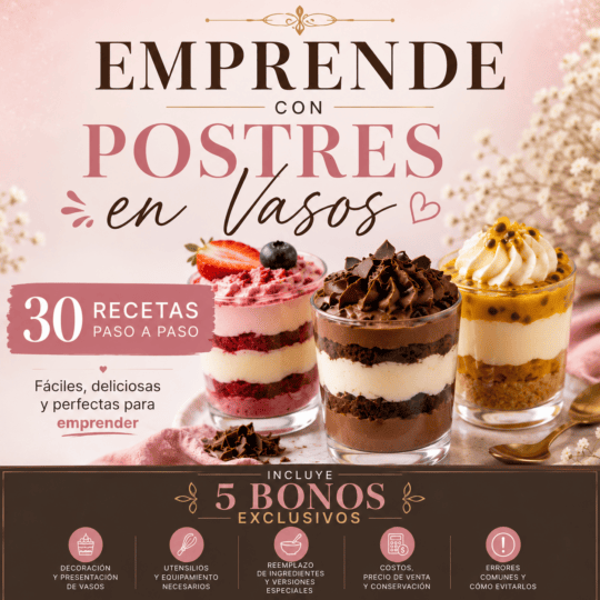 Texto alternativo (alt text) Postres en vaso de chocolate, frutos rojos y maracuyá listos para vender, receta del ebook Emprendé con Postres en Vaso