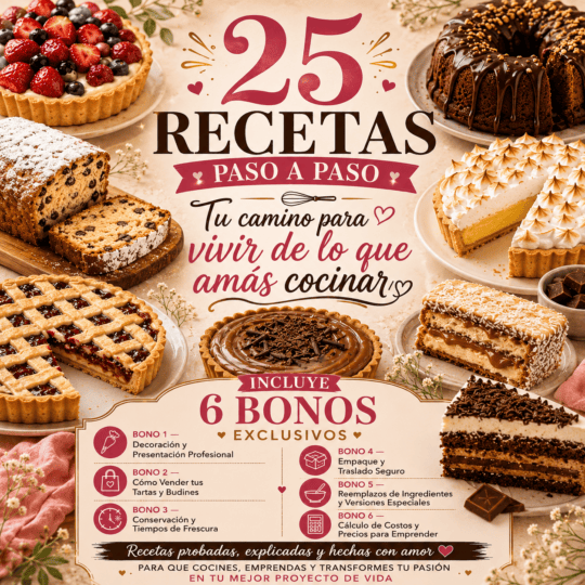 Portada del ebook Tartas y Budines para Emprender, con 25 recetas de pastelería y 6 bonos para vender