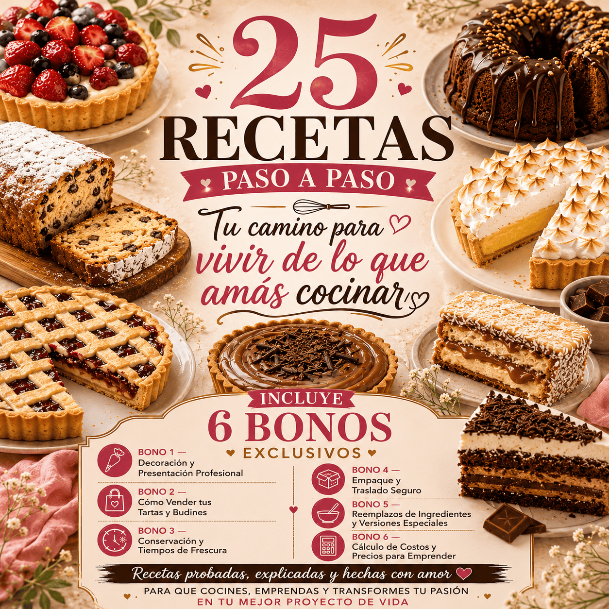 Portada del ebook Tartas y Budines para Emprender, con 25 recetas de pastelería y 6 bonos para vender